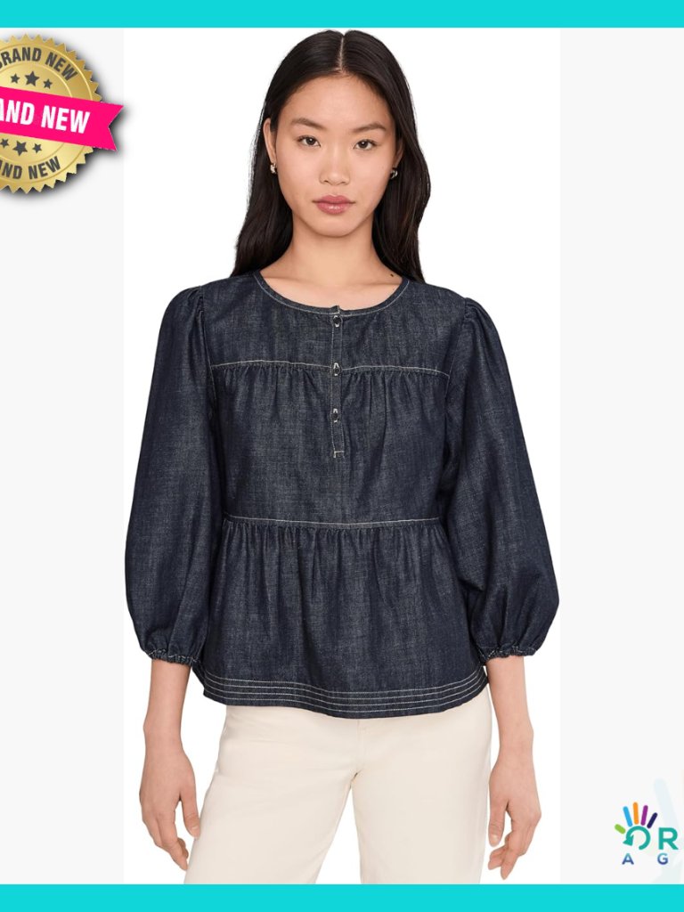Denim Button Down Blouse Relaxed Fit Peplum Style Three Quarter Sleeves